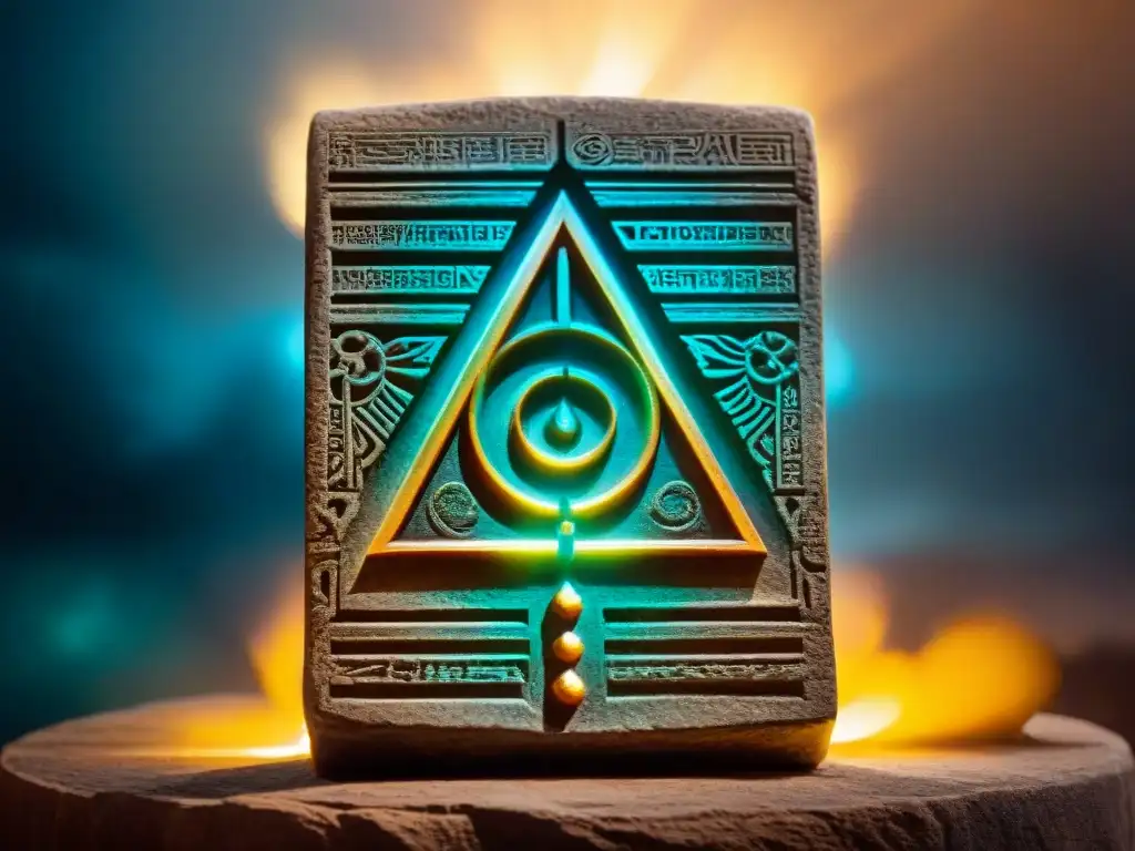 Símbolo alquímico iluminado en piedra antigua con texto en lenguaje olvidado, envuelto en niebla mística