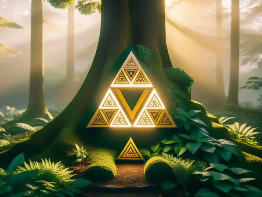 El símbolo Trifuerza brilla en un bosque místico, evocando magia ancestral en Hyrule