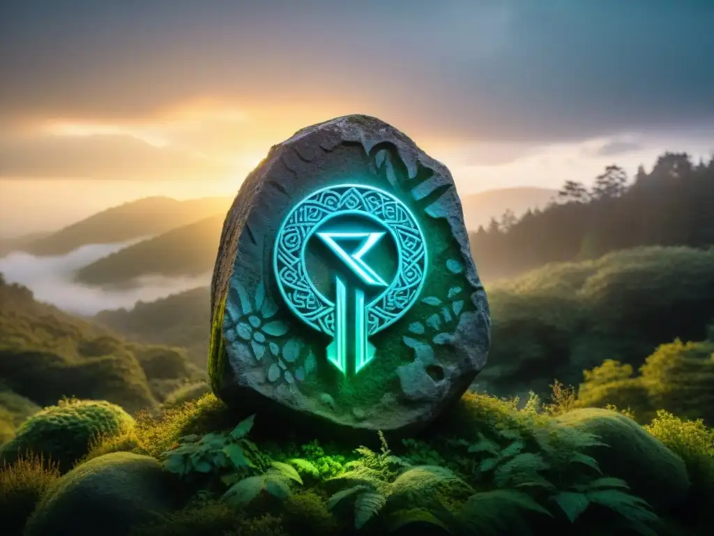 Símbolo rúnico místico en piedra antigua iluminada Un símbolo rúnico místico brilla en piedra antigua, rodeado de magia en un bosque al anochecer