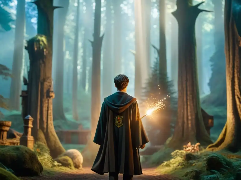 Harry Potter interpretando símbolos religiosos en un bosque místico, con una atmósfera de reverencia y misterio