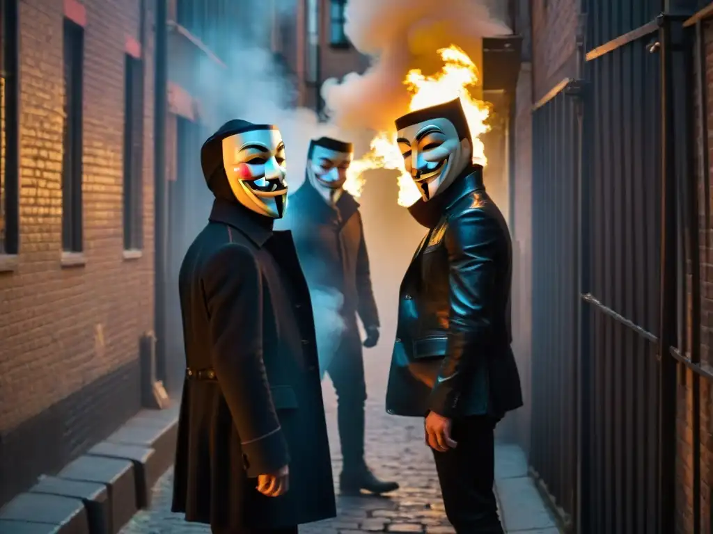 Siniestro callejón con figuras enmascaradas de Guy Fawkes, a la luz de un fuego distante