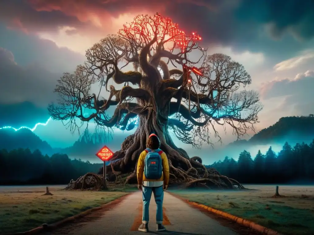 Siniestro paisaje del Otro Lado de Stranger Things, con árboles retorcidos y el temible Devorador de Mentes al fondo