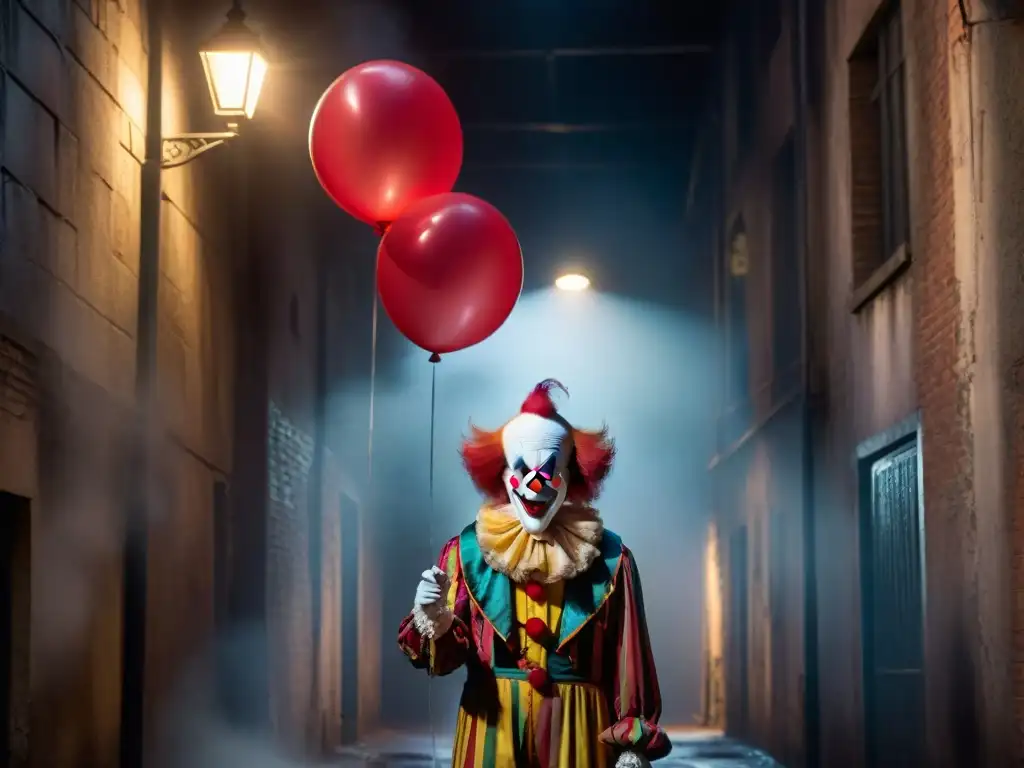 Escena terrorífica: Payaso siniestro en la oscuridad Un siniestro payaso bajo una farola en un callejón oscuro, con un globo rojo flotando