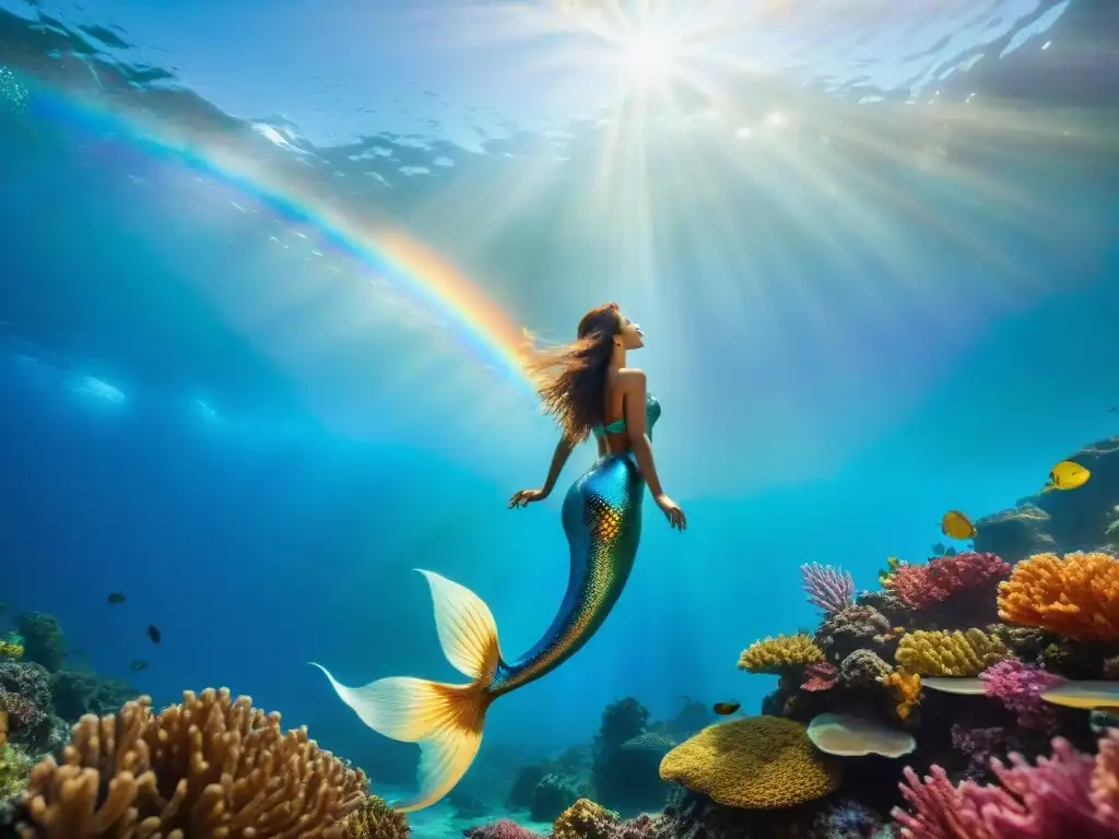 Una sirena majestuosa nada entre un arrecife de coral vibrante bajo la luz del sol, su cola iridiscente brilla