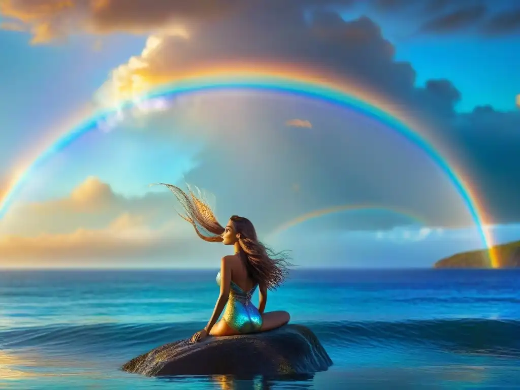 Una sirena majestuosa emerge del océano al atardecer, sus escamas iridiscentes brillan bajo el sol