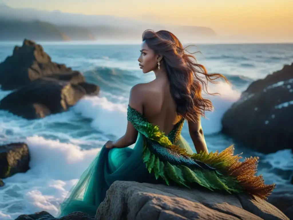 Sirena mítica en acantilado al atardecer, iridiscentes escamas brillan con las últimas luces