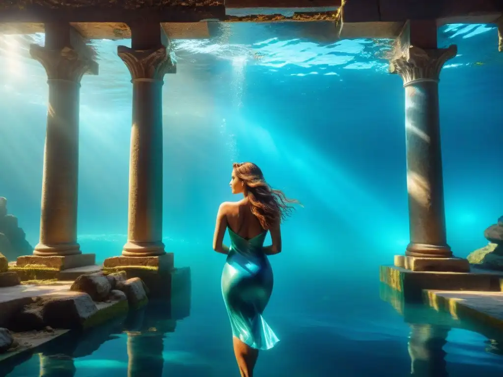 Una sirena en ruinas antiguas, su cola iridiscente brilla bajo el agua mientras seduce con su mirada misteriosa