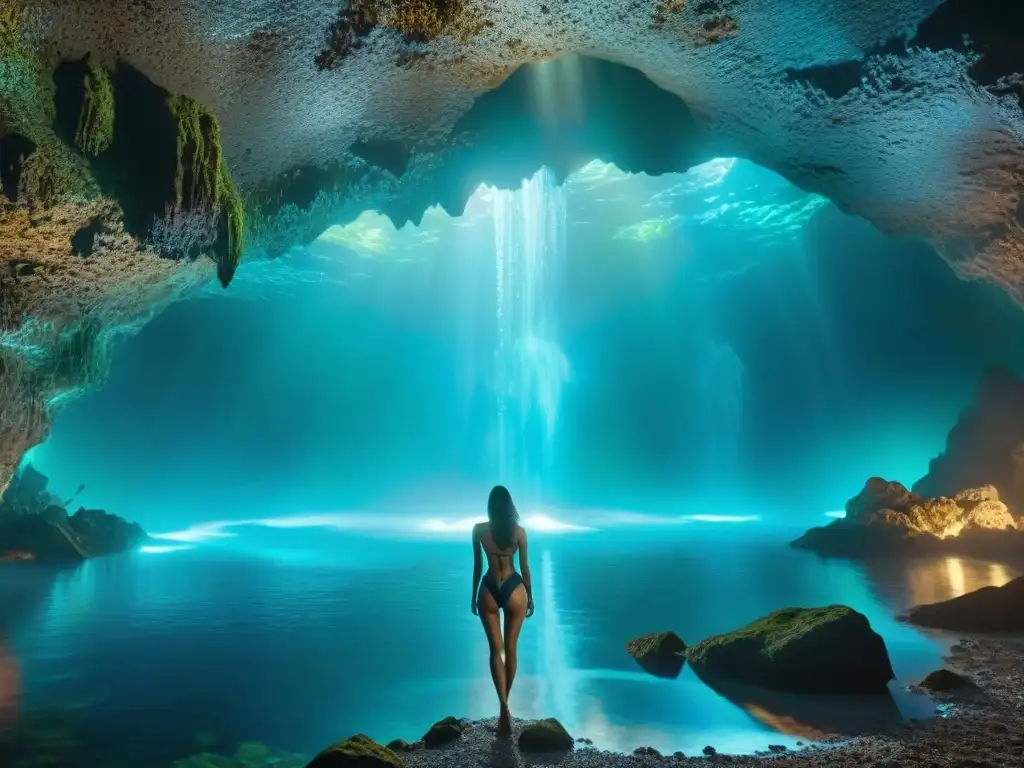 Sirenas en cine y literatura: Sirenas nadando en cueva submarina iluminada por luces bioluminiscentes