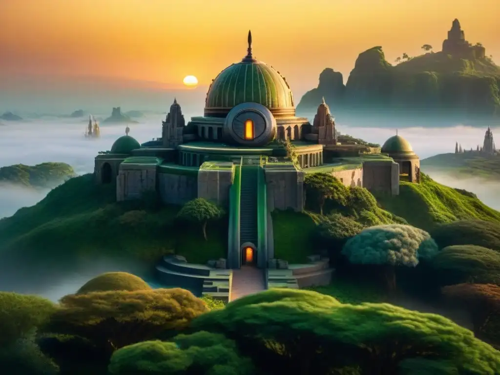 Sistema de Creencias en Star Wars: majestuoso Templo Jedi en un planeta exuberante, con torres imponentes y una atmósfera mística al atardecer