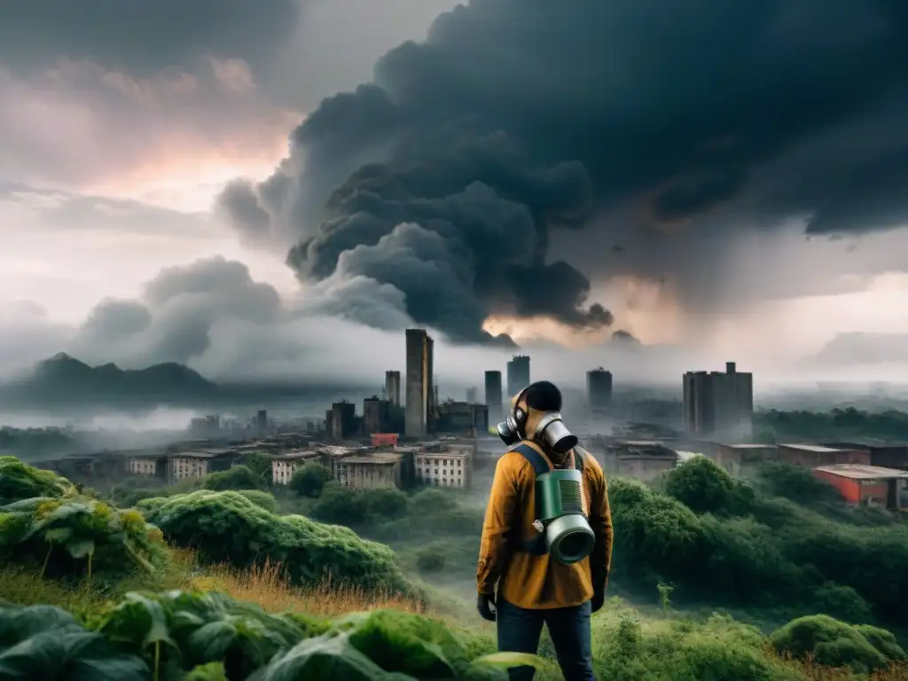 Un sobreviviente solitario en un paisaje postapocalíptico, rodeado de ruinas y vegetación, bajo nubes de tormenta