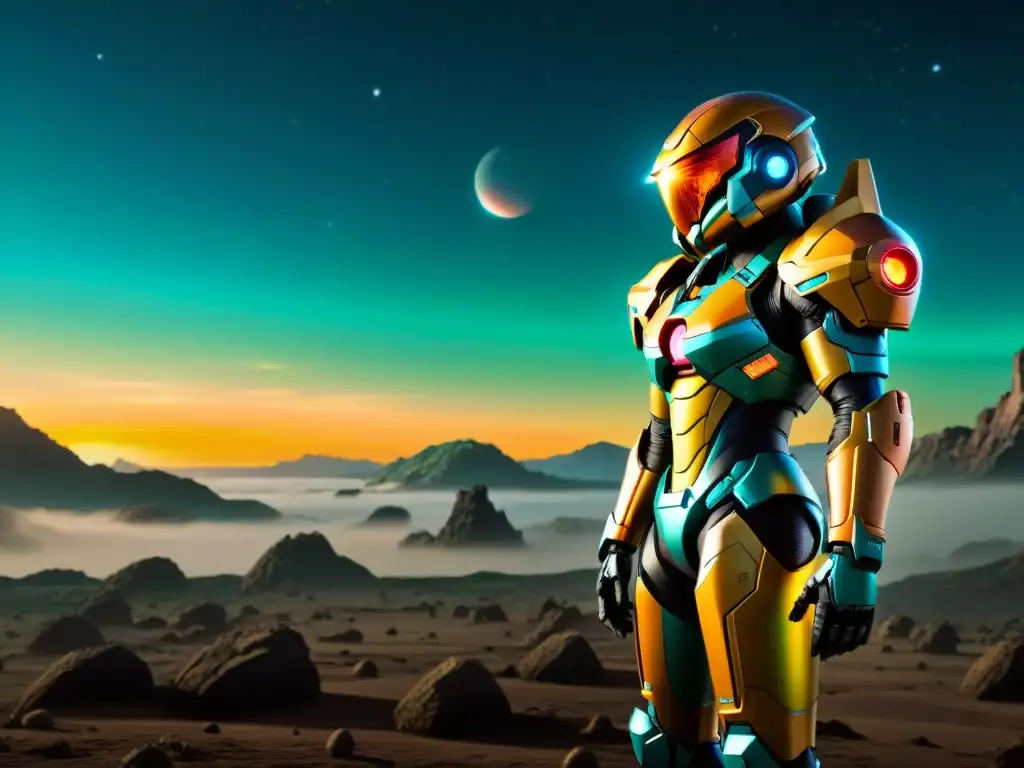 Samus Aran, sola en un planeta alienígena, su traje brillando bajo la luz de la luna