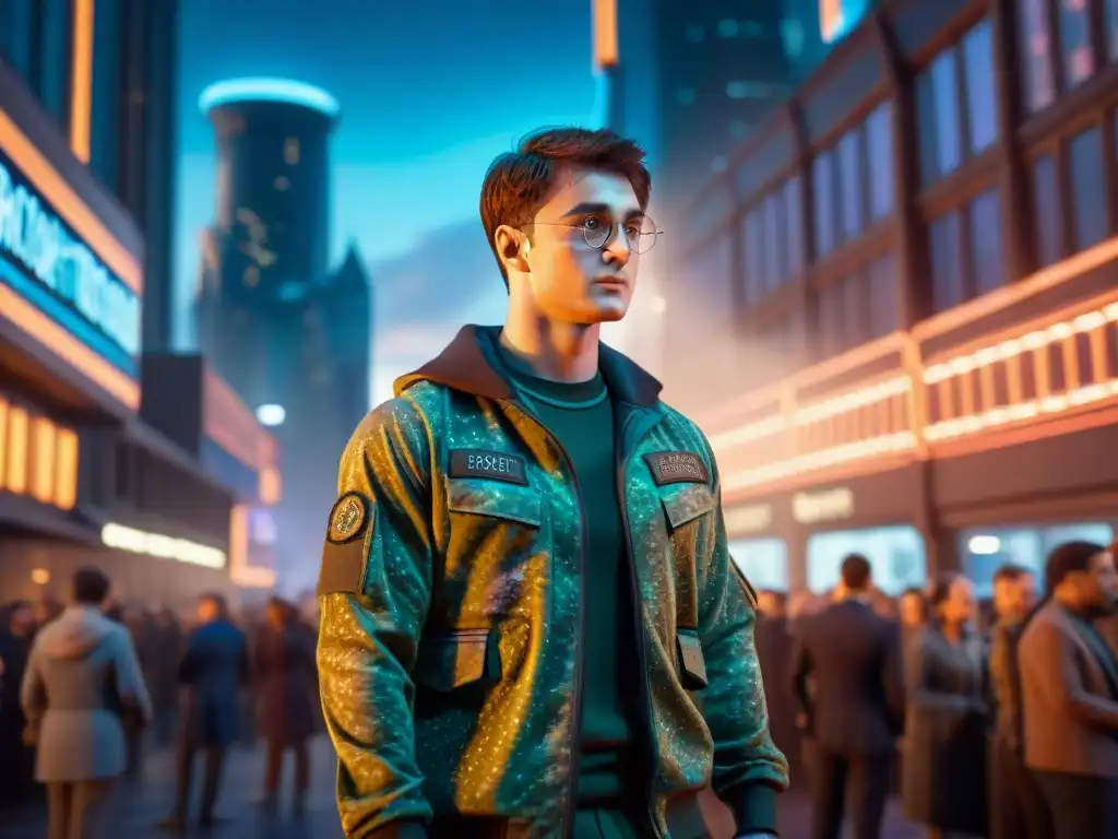 Un soldado futurista con camuflaje avanzado fusionándose en una ciudad bulliciosa