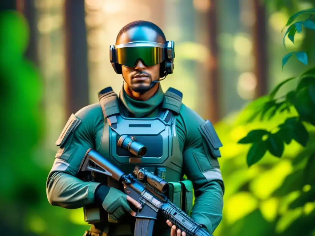 Un soldado futurista se camufla en un denso bosque, fusionándose con la naturaleza