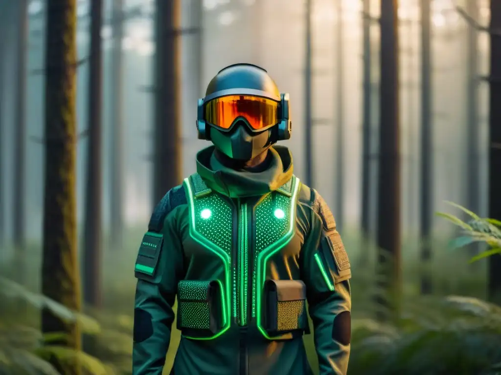 Un soldado futurista se mimetiza con la naturaleza en un bosque denso