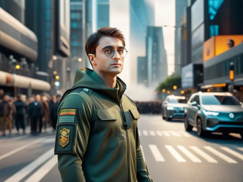 Un soldado futurista con traje de camuflaje óptico en la ciudad, fusionando alta tecnología y vida urbana