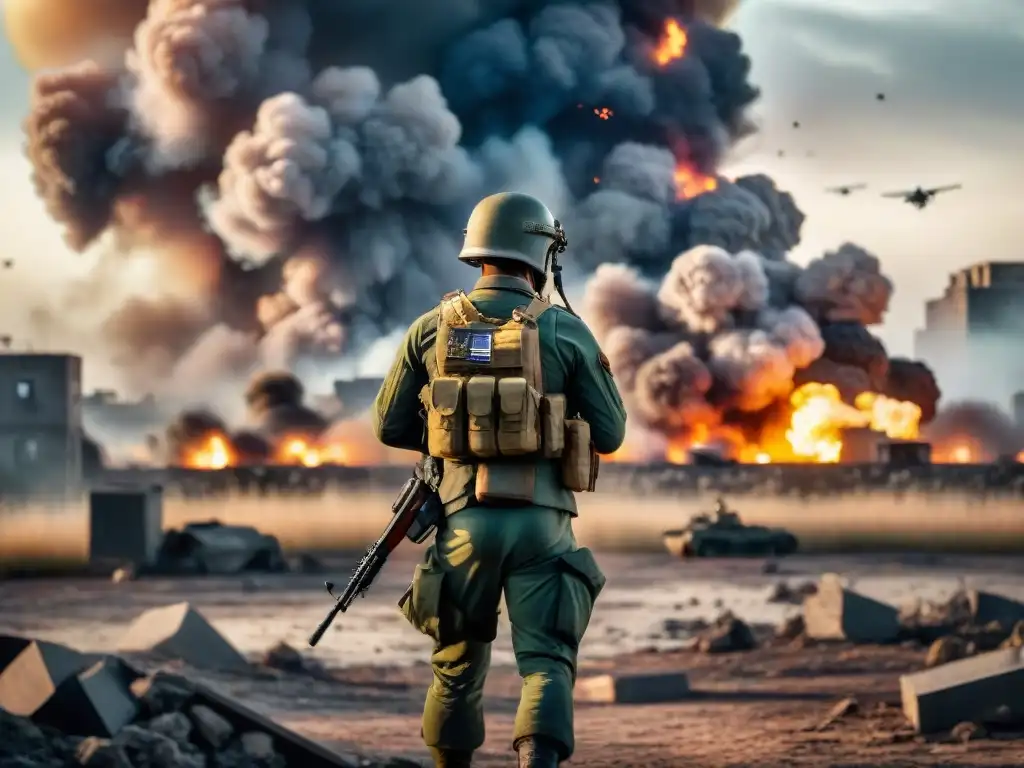 Caos de guerra: soldado con foto familiar en campo de batalla Un soldado en medio del caos de la batalla, reflejando miedo y determinación al aferrarse a una foto de su familia