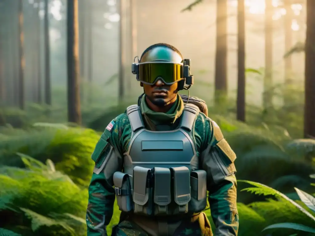 Soldado con traje de camuflaje de alta tecnología en un bosque denso
