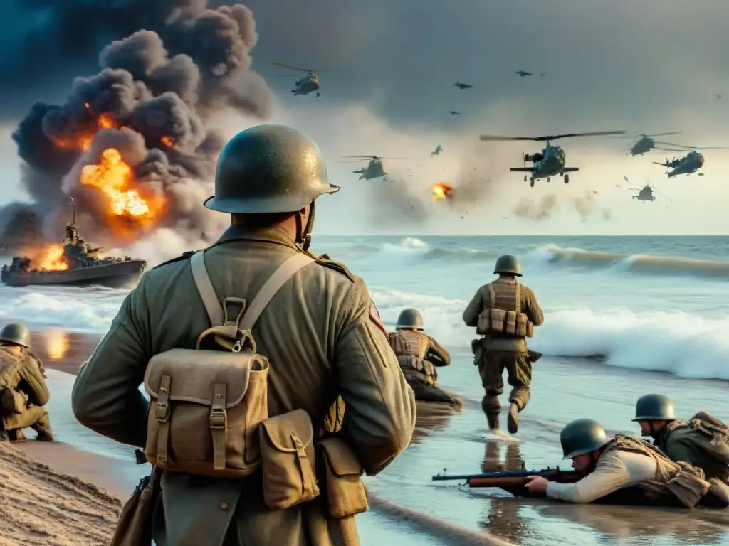 Soldados desembarcando en Omaha Beach en una escena intensa de 'Salvar al soldado Ryan', mostrando el impacto de la Segunda Guerra Mundial en el cine