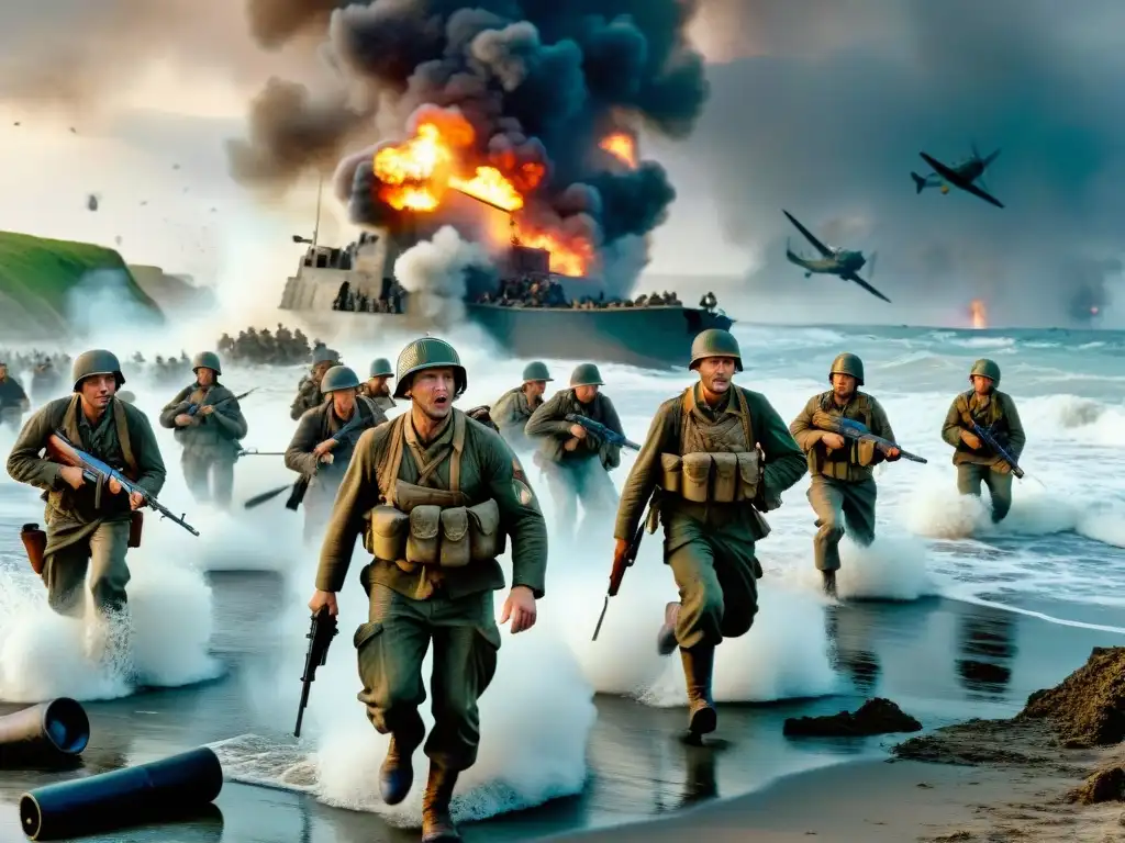 Soldados en plena batalla durante el desembarco del Día D en 'Saving Private Ryan', reflejando el impacto de la Segunda Guerra Mundial en el cine