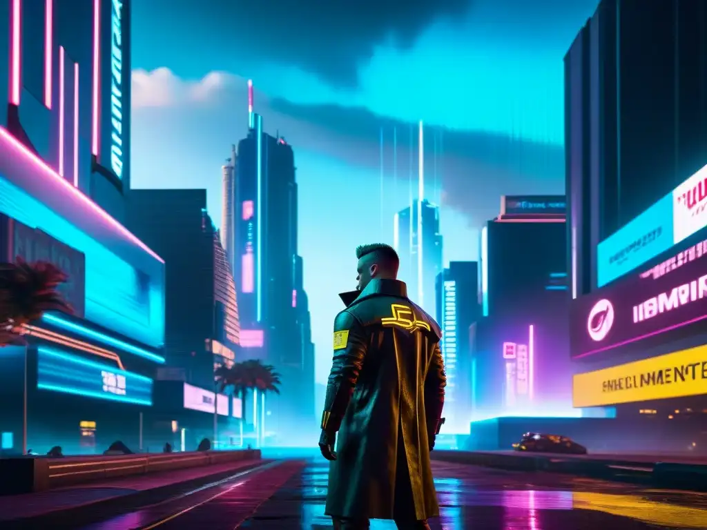 Un solitario figura en un callejón cyberpunk, impacto Cyberpunk 2077 tecnología futuro