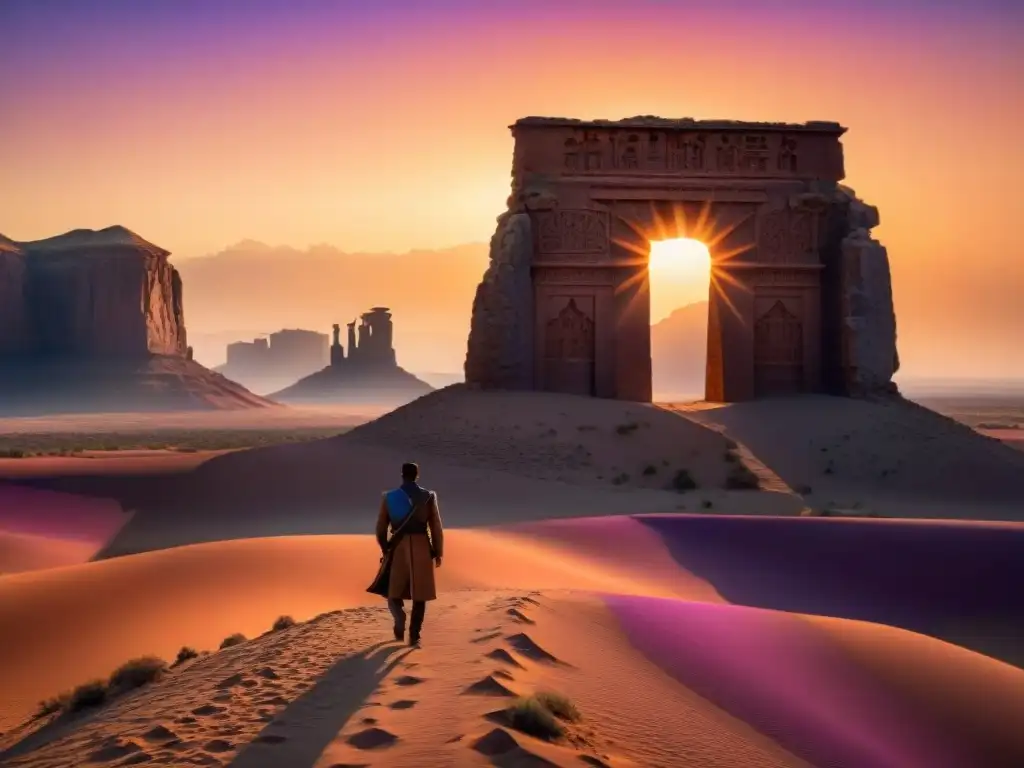 Un solitario caminante se acerca a una antigua puerta en un desierto al atardecer, interpretando El ciclo de la puerta