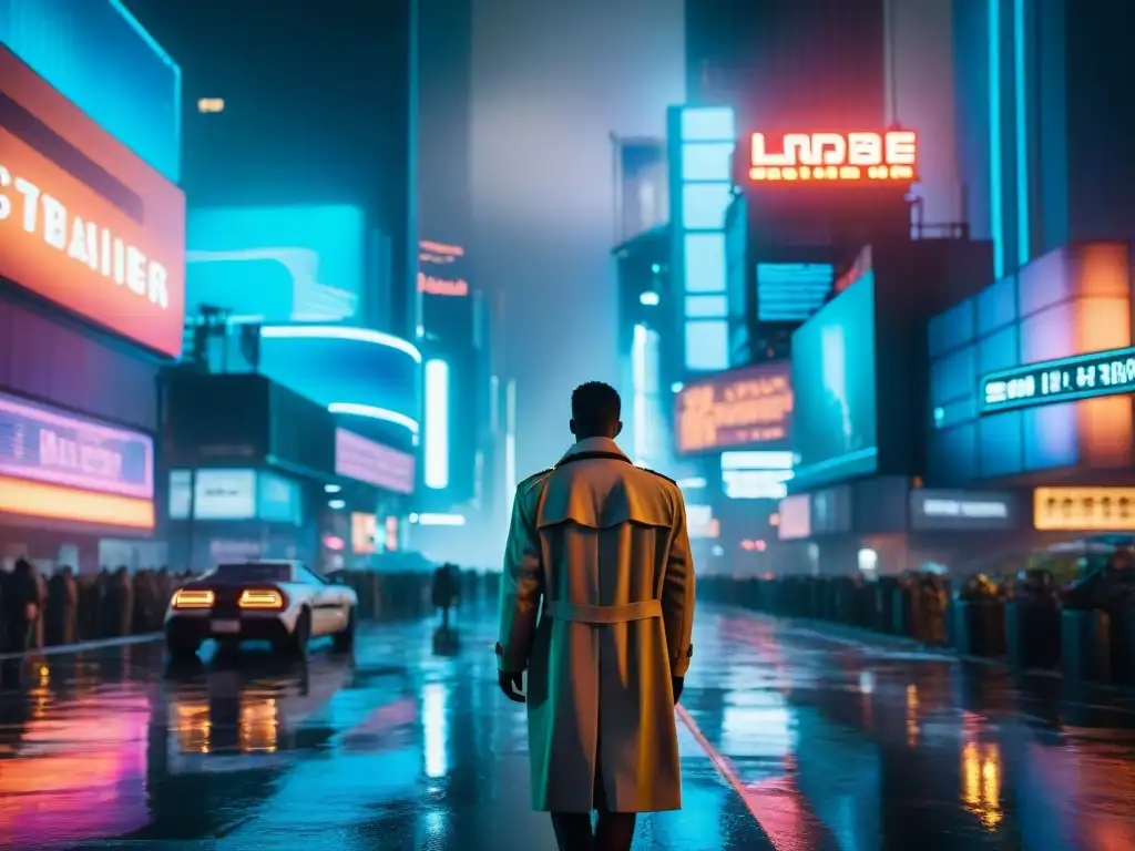 Un solitario caminante en una ciudad futurista de noche, con luces neón y hologramas, evocando la reconstrucción Blade Runner libro