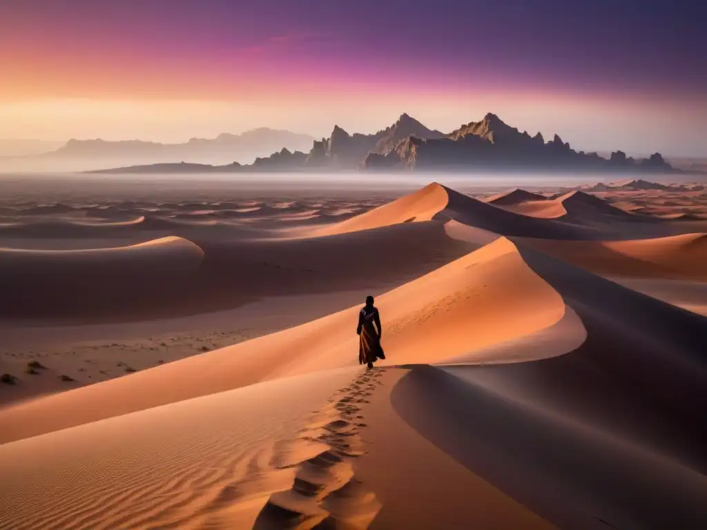 Un solitario caminante Fremen en el vasto y bello desierto de Arrakis, bajo el brillo de los gemelos solares