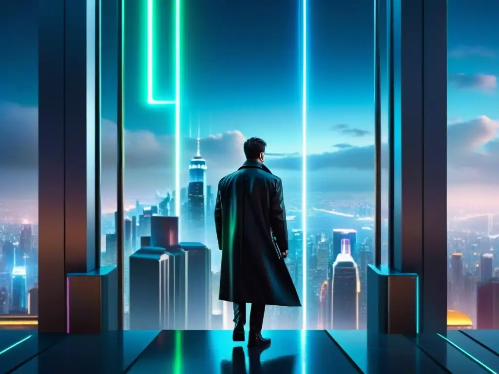 Un solitario contempla la ciudad futurista de neon inspirada en la filosofía y influencia de Matrix