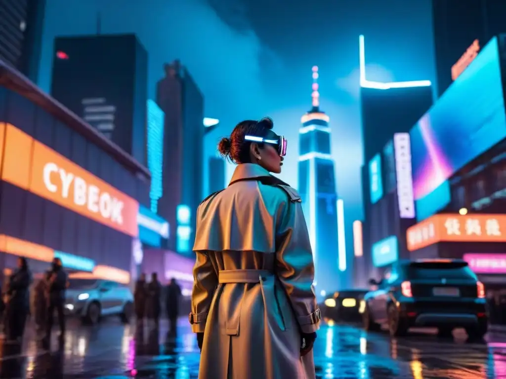 Un solitario en un futuro cyberpunk reflexiona sobre una ciudad iluminada por luces de neón y anuncios holográficos