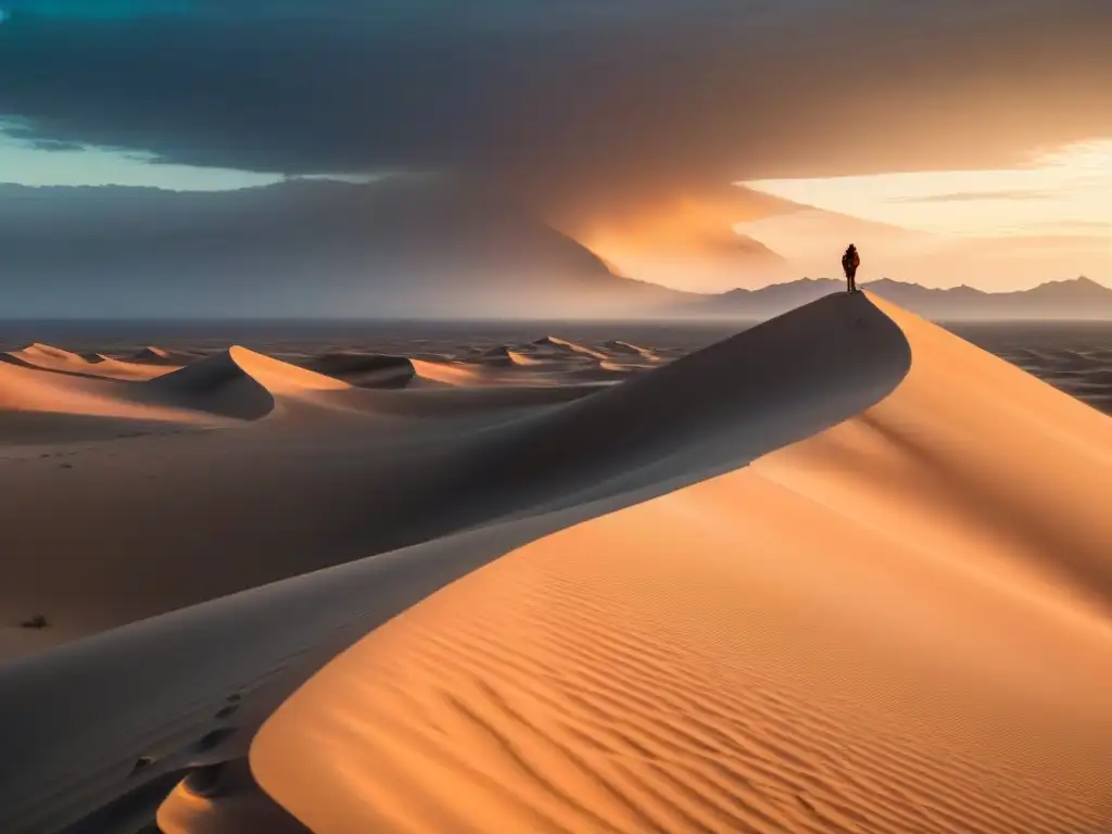 Un solitario guerrero observa un doble atardecer en un vasto desierto, con dunas de arena y un majestuoso gusano emergiendo