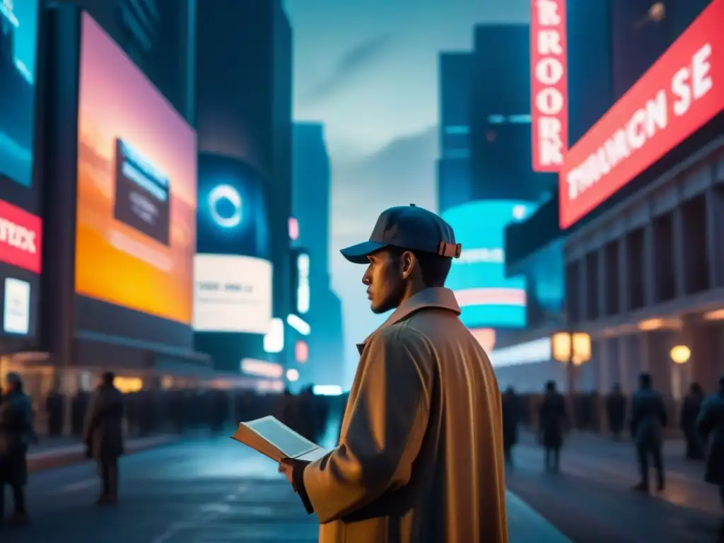 Un solitario en un oscuro paisaje urbano futurista, iluminado por letreros gigantes de propaganda