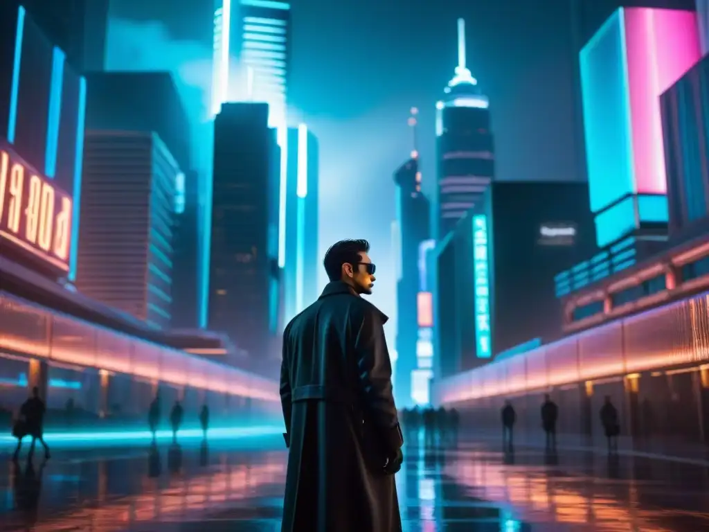 Un solitario personaje en abrigo negro y gafas, frente a una ciudad futurista iluminada por neones, evoca la interpretación filosófica de Matrix