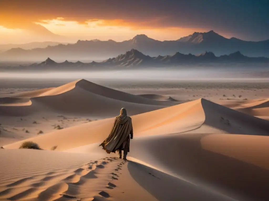 Un solitario personaje en un desierto alienígena, mirando hacia la tormenta de arena