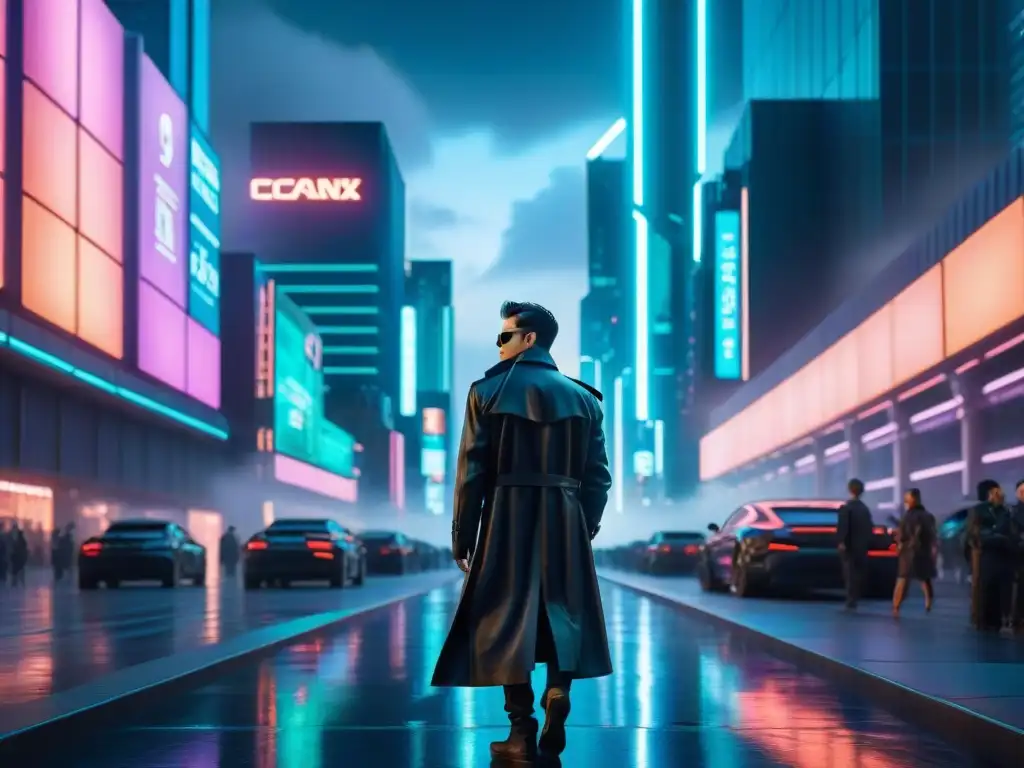 Un solitario personaje admira una metrópolis futurista al estilo de Matrix, con rascacielos iluminados y un cielo digital