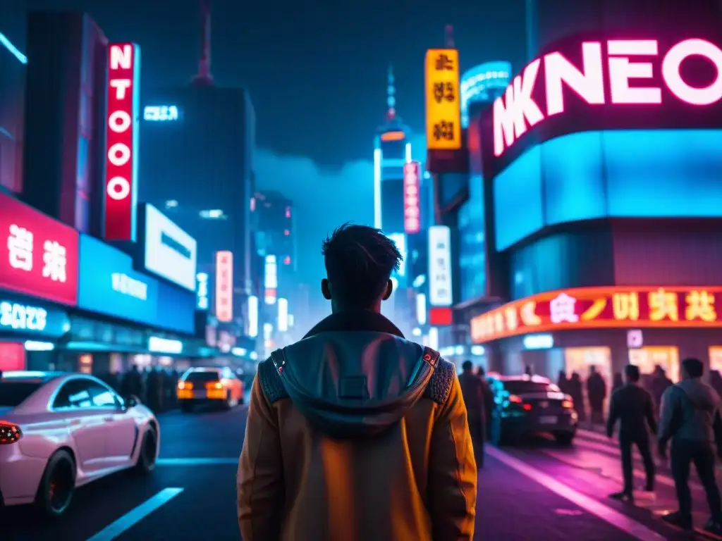 Un solitario personaje en traje cyberpunk observa la NeoTokyo futurista de Akira