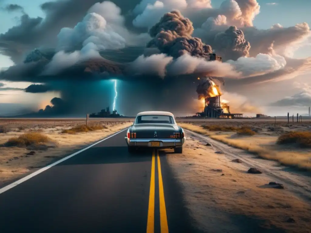 Un solitario sobreviviente camina entre ruinas en un paisaje postapocalíptico, con cielo dramático