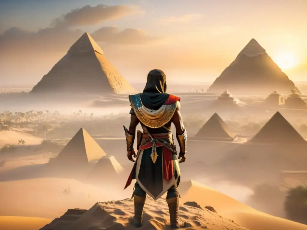 Bayek en la sombra de la Gran Esfinge de Giza al atardecer, con las pirámides al fondo