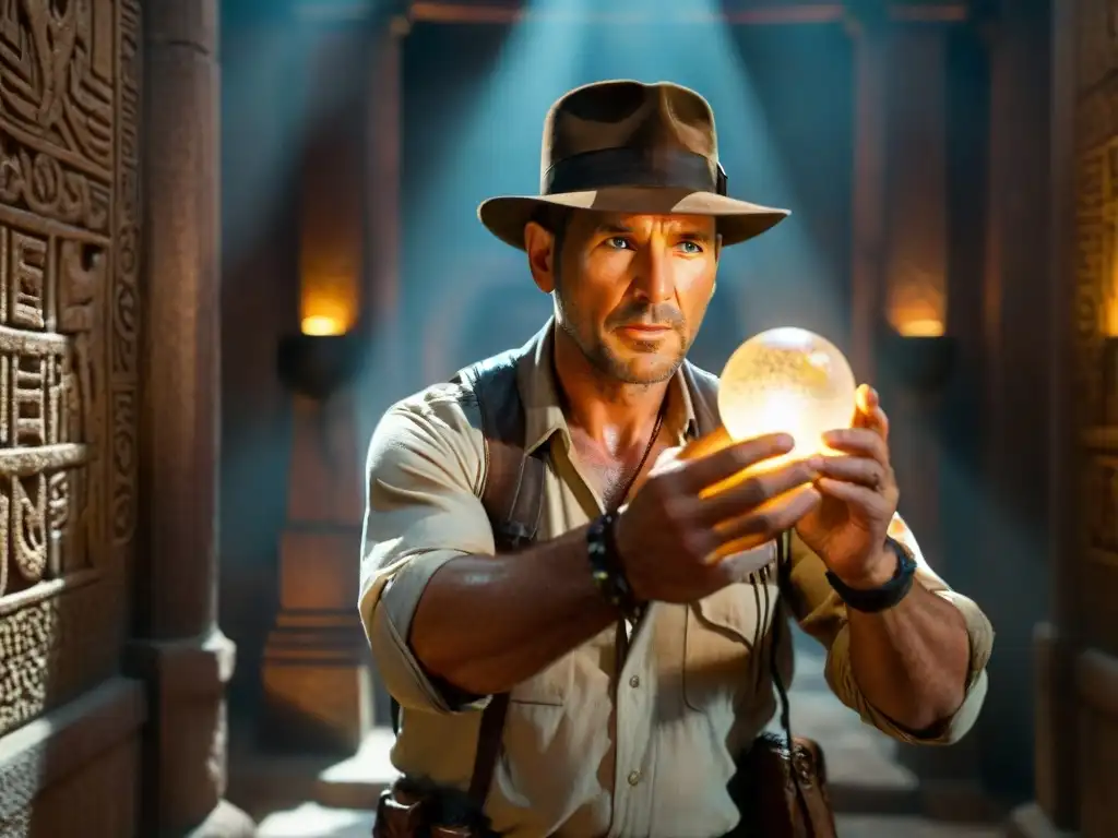 En las sombras de un misterioso templo, Indiana Jones sostiene una brillante Piedra Sankara, revelando antiguas inscripciones