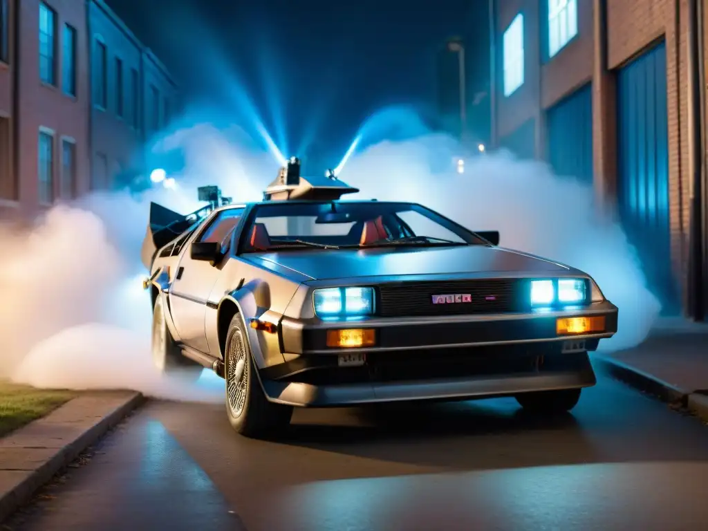 Alley sombría con el DeLorean de 'Back to the Future' iluminado por farol solitario