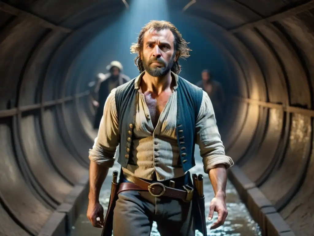 Jean Valjean lleva a Marius por los sombríos túneles subterráneos de París en esta representación de 'Los miserables'