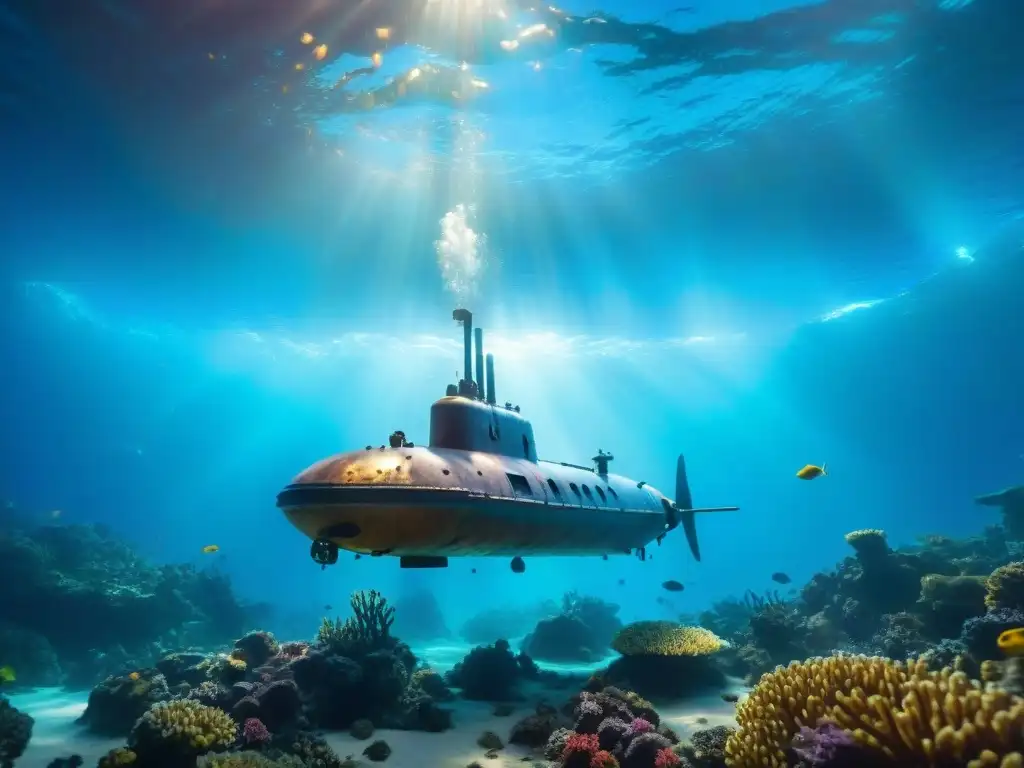 Un submarino futurista explorando vida submarina en mundos alienígenas