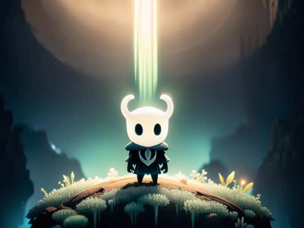 En los submundos secretos de Hollow Knight, una cámara revela cristales brillantes y antiguos mecanismos en penumbra