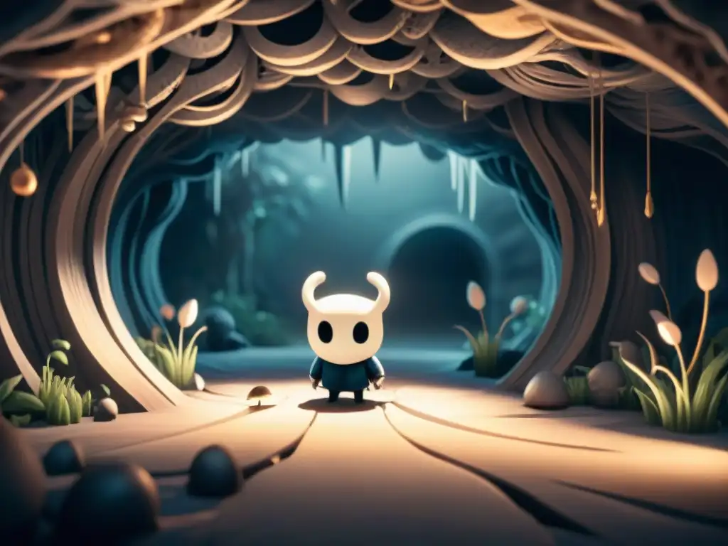 Descubre la geografía de los submundos secretos en Hollow Knight: una cámara subterránea misteriosa y sombría, con hongos brillantes dispersos y pasajes ocultos, creando una atmósfera inmersiva y misteriosa