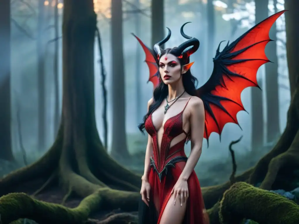 Una súcubo seductora en un bosque místico al anochecer, con alas demoníacas y ojos rojos