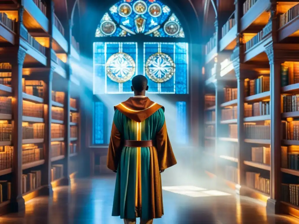 Suntuosa biblioteca en un mundo de fantasía con estanterías altas, un techo tipo catedral y escrituras luminosas