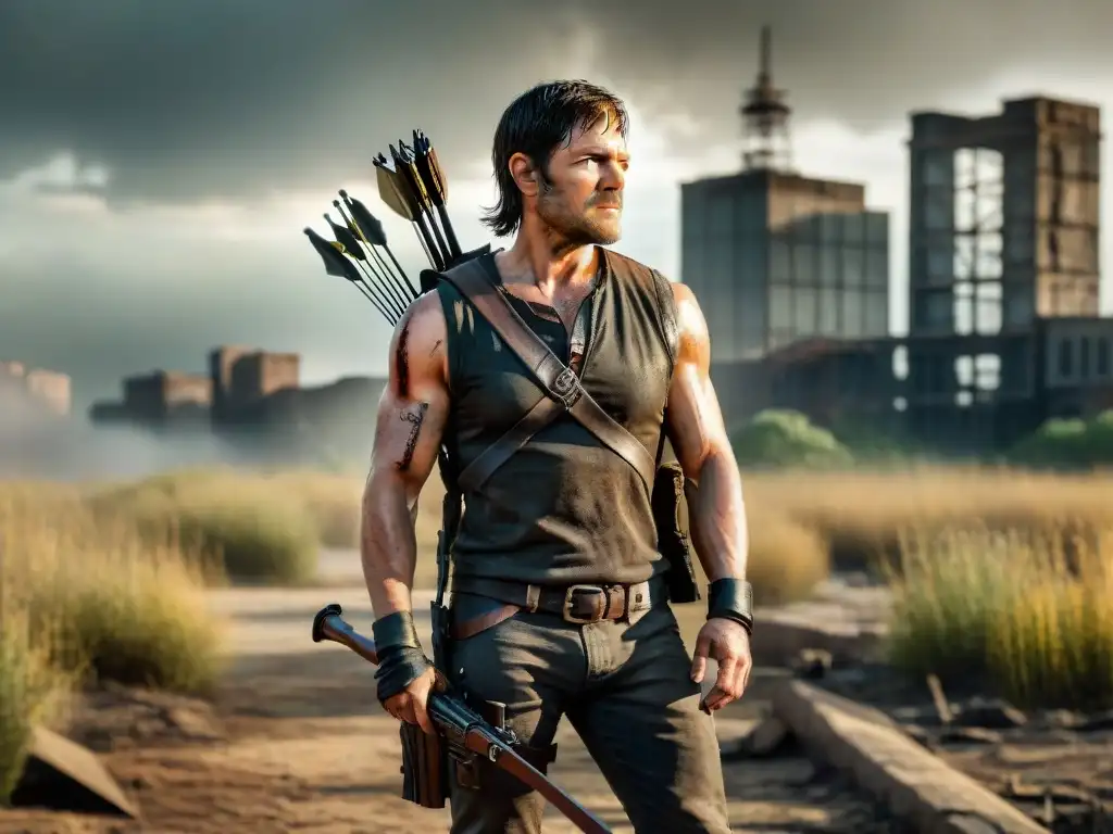 Un superviviente de The Walking Dead, Daryl Dixon, en un paisaje postapocalíptico con su icónica ballesta