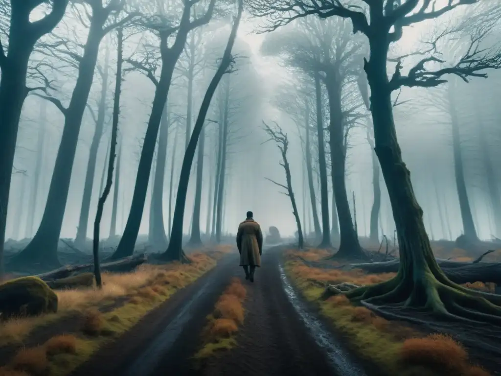 Un superviviente solitario recorre un bosque postapocalíptico envuelto en niebla, evocando alegorías medioambientales en La carretera