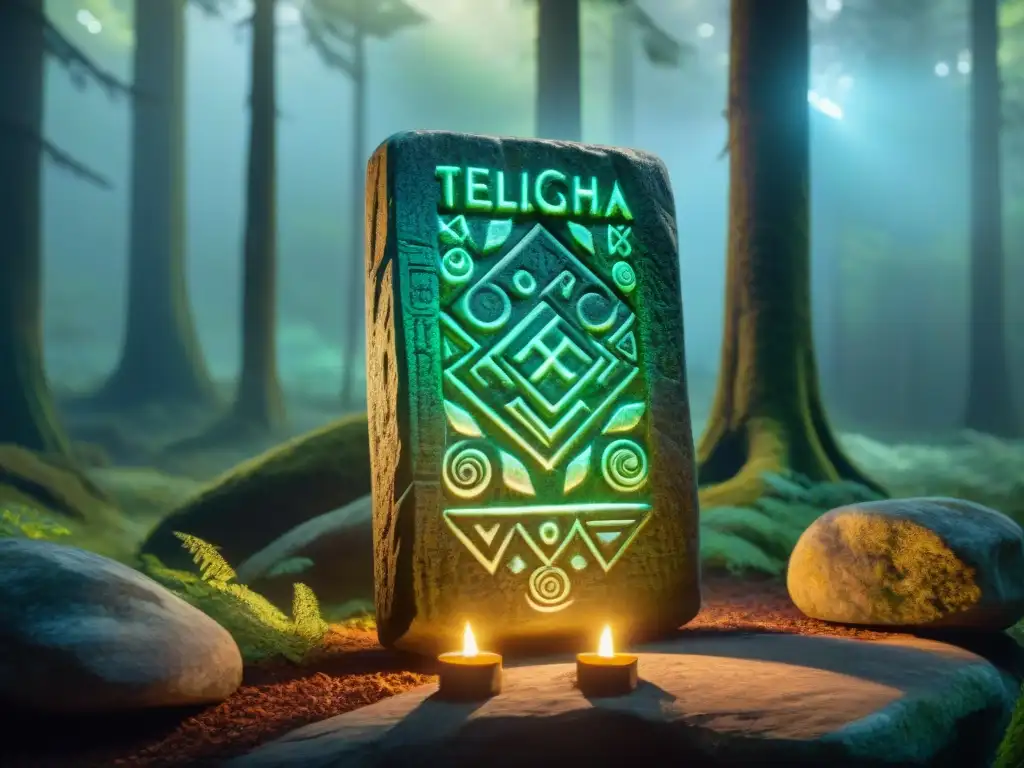 Tabla rúnica mística: símbolos brillantes en bosque encantado Tablilla rúnica mística con símbolos brillantes en bosque nocturno