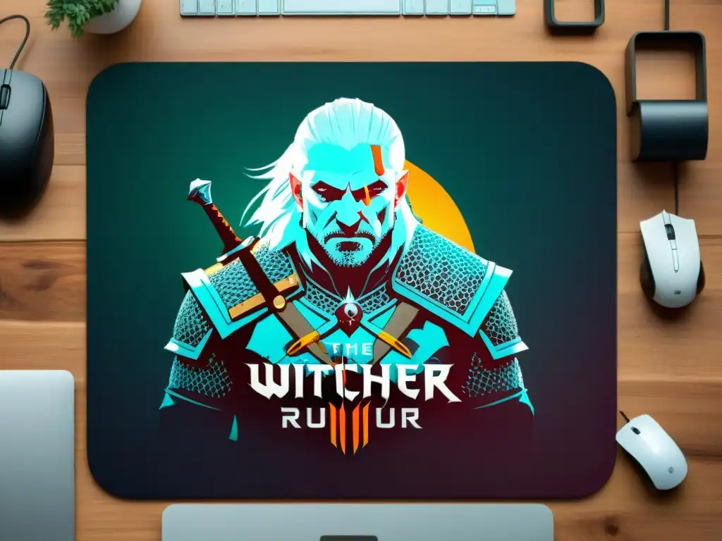 Un tapete de ratón personalizado inspirado en The Witcher, con Geralt en batalla rodeado de criaturas míticas y elementos mágicos