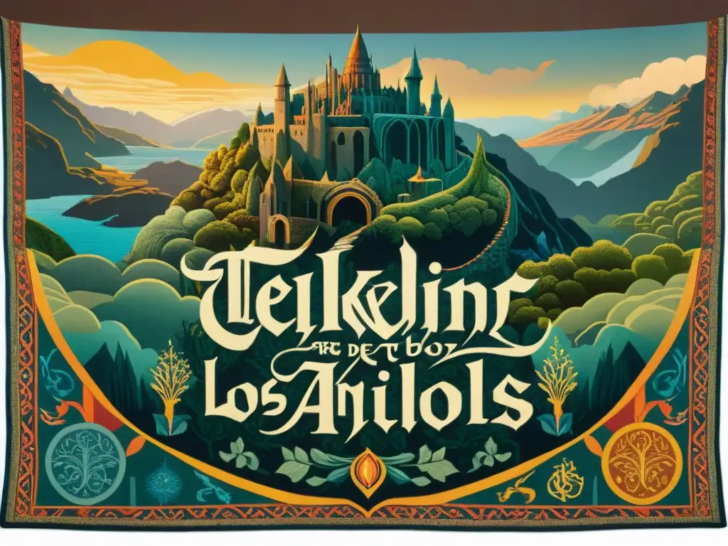 Un tapiz vibrante y detallado de 'El Señor de los Anillos', reflejando las lenguas y culturas de Tolkien